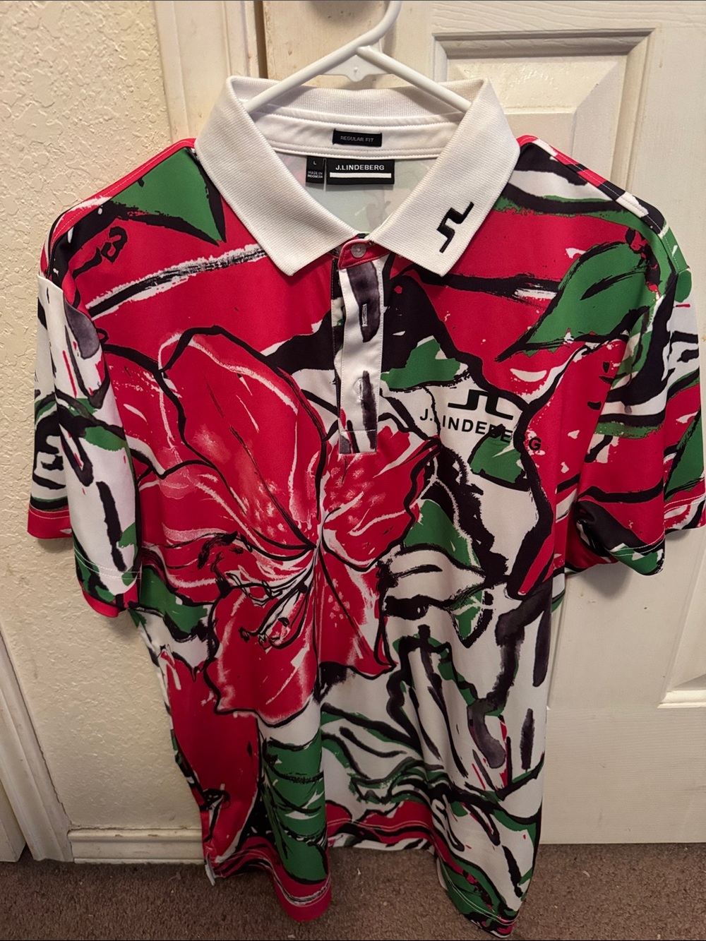 J.Lindeberg Red Floral Print Polo with White Collar